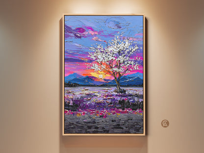 Experience the beauty of our Botanical Tree Art Print. This impressionist canvas captures a purple sunset landscape. Textured artwork adds an eclectic touch to your bedroom or living room. Perfect for nature lovers seeking unique wall art.