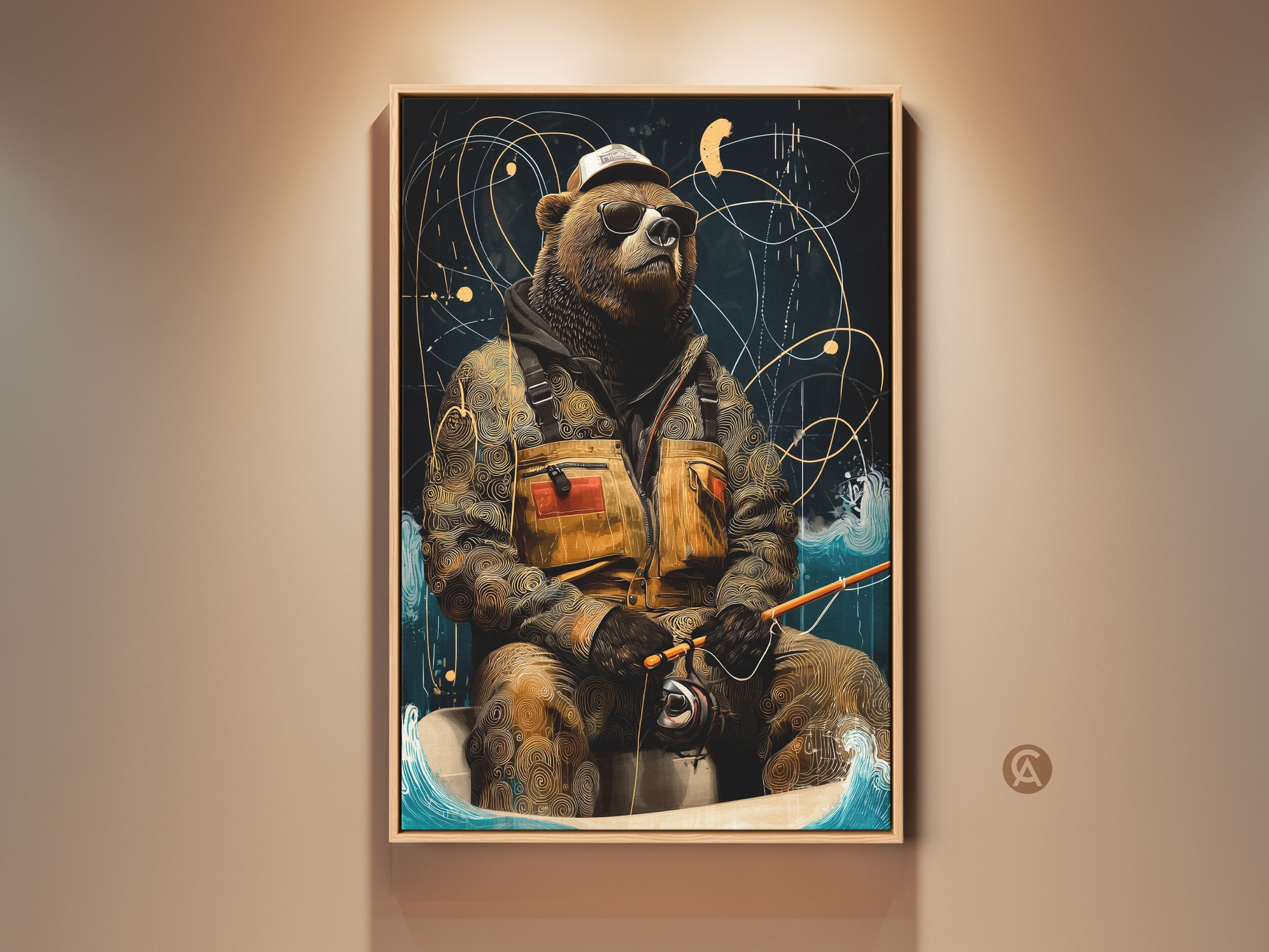 This is a retro bear fishing canvas. The cool bear is wearing sunglasses art. This eclectic animal artwork features brown gold and navy. A unique den wall hanging will look great in a man cave.