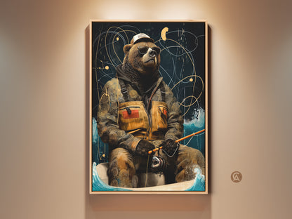 This is a retro bear fishing canvas. The cool bear is wearing sunglasses art. This eclectic animal artwork features brown gold and navy. A unique den wall hanging will look great in a man cave.
