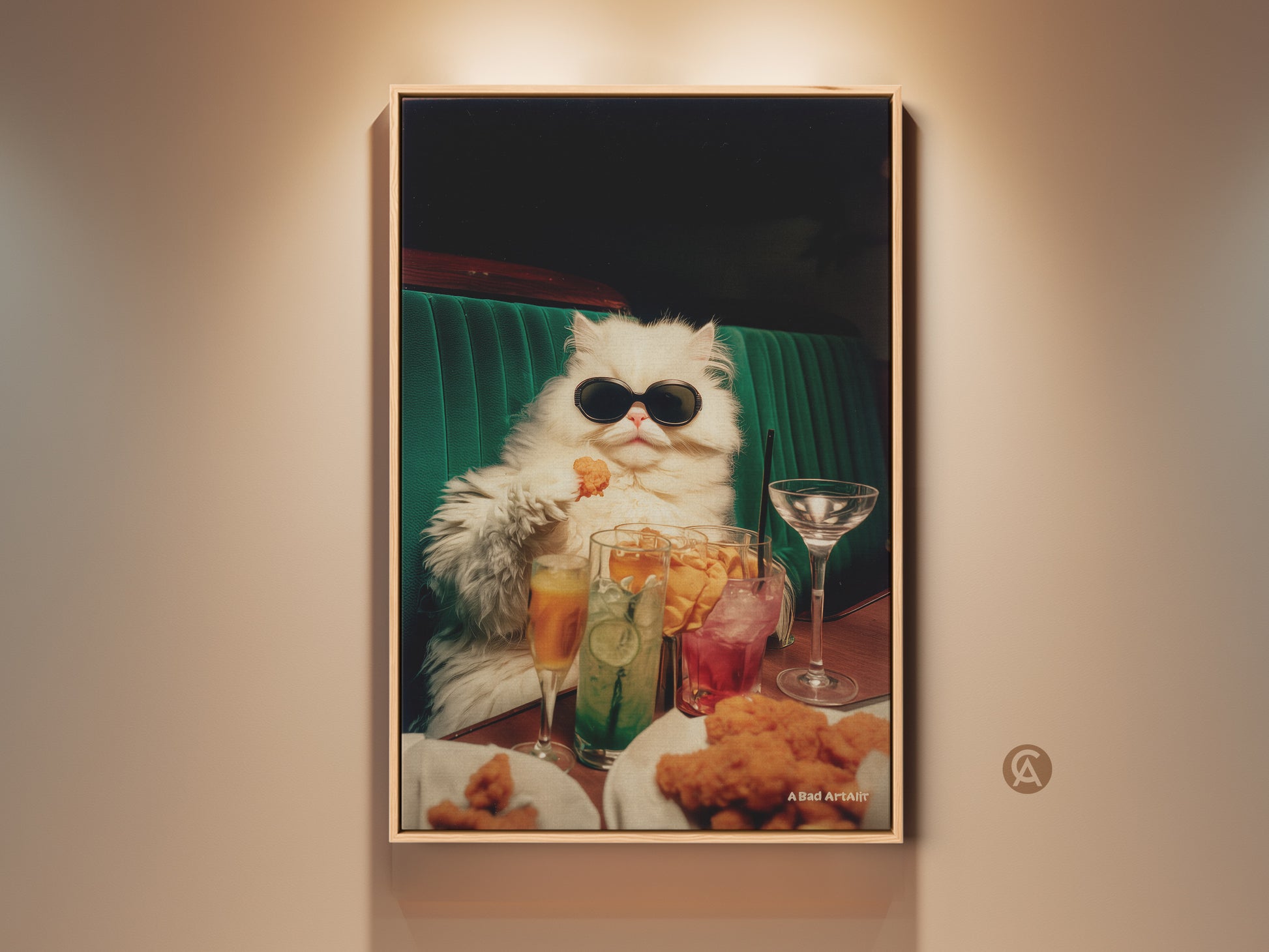 Framed artwork of a persian cat. The cat is wearing sunglasses and seated at a table. The table is full of drinks and chicken nuggets. This funny art is perfect for a dining room. Consider it for modern wall decor.