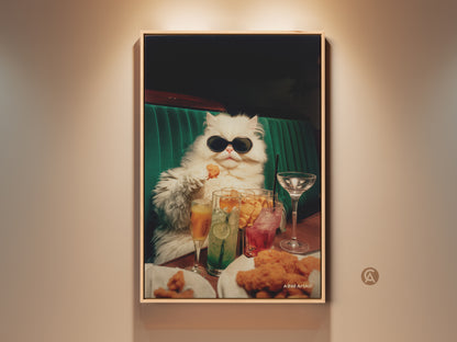Framed artwork of a persian cat. The cat is wearing sunglasses and seated at a table. The table is full of drinks and chicken nuggets. This funny art is perfect for a dining room. Consider it for modern wall decor.
