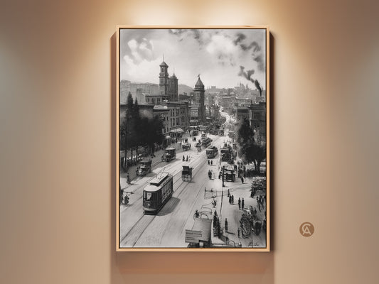 A captivating black and white artwork of a historical city street scene. The artwork features vintage cars and trolleys. The buildings have unique architecture. Add a touch of history to your space with this framed canvas art.