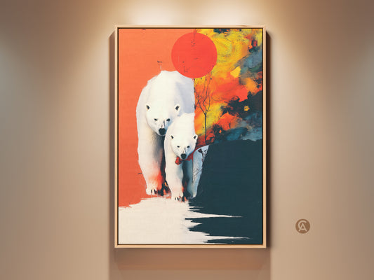 Modern abstract artwork features a polar bear family. This arctic wildlife canvas print is ideal for eclectic home decor. The white and orange hues bring a contemporary touch. Shop now for unique wall art to enhance your living space or office.