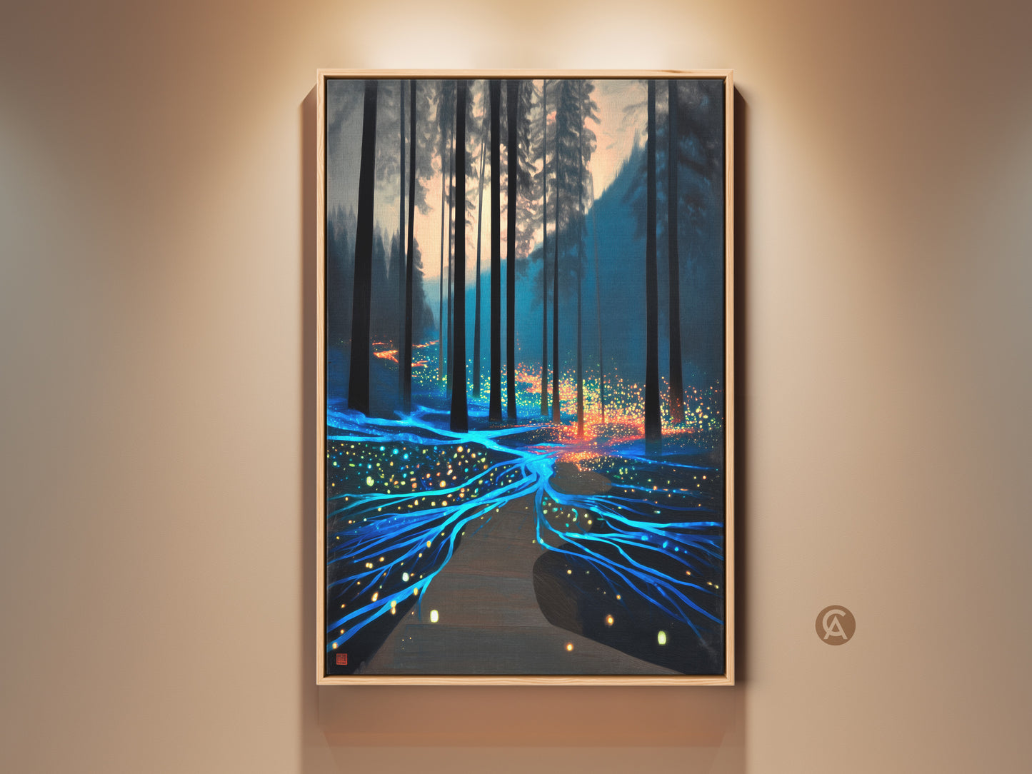 Surreal forest path artwork glows with teal and orange lights. Fantasy nature canvas print enhances bedroom decor. Luminous pathway winds through dark trees creating wonder. An eclectic housewarming gift.