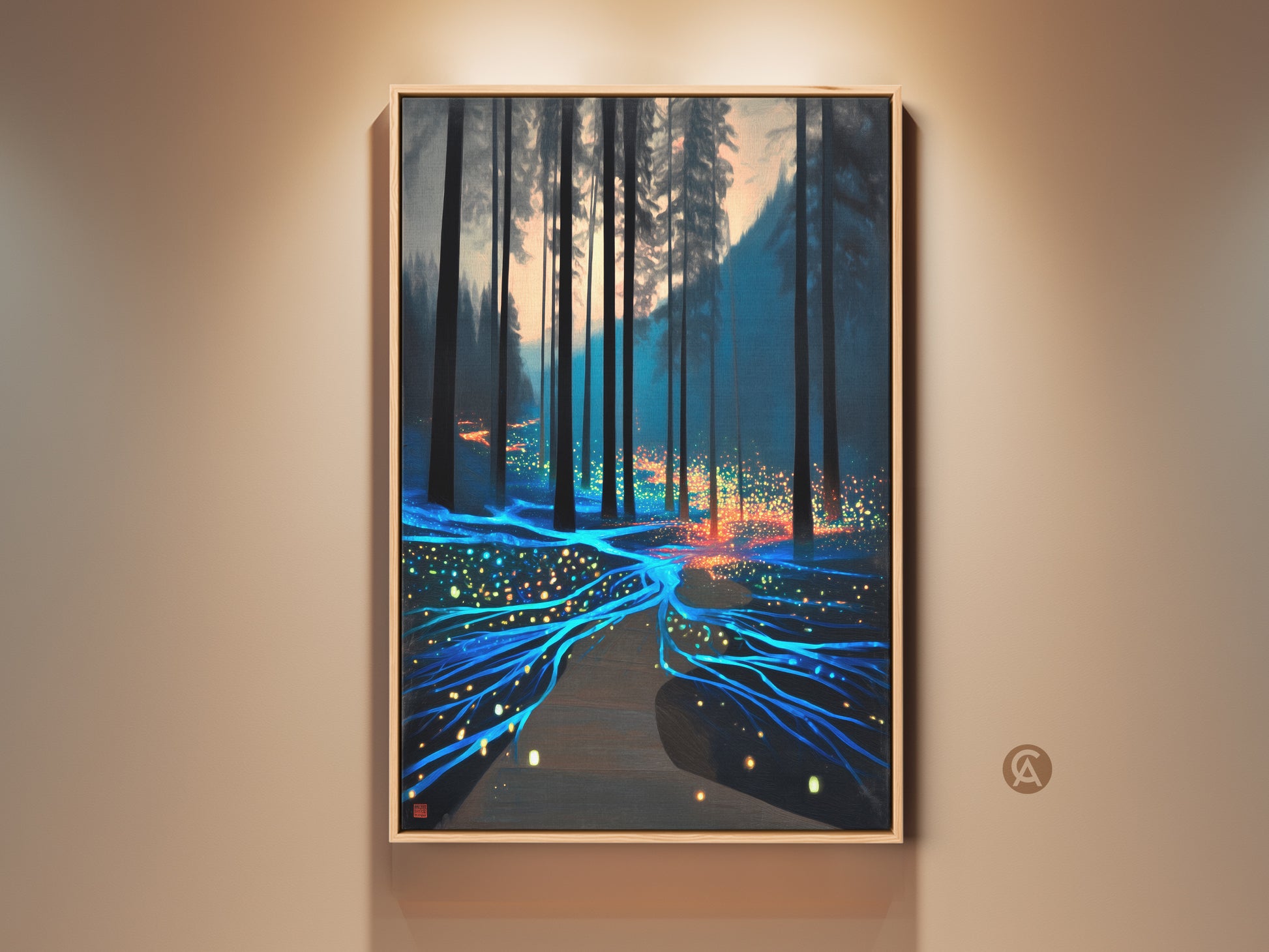 Surreal forest path artwork glows with teal and orange lights. Fantasy nature canvas print enhances bedroom decor. Luminous pathway winds through dark trees creating wonder. An eclectic housewarming gift.