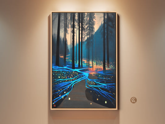 Surreal forest path artwork glows with teal and orange lights. Fantasy nature canvas print enhances bedroom decor. Luminous pathway winds through dark trees creating wonder. An eclectic housewarming gift.