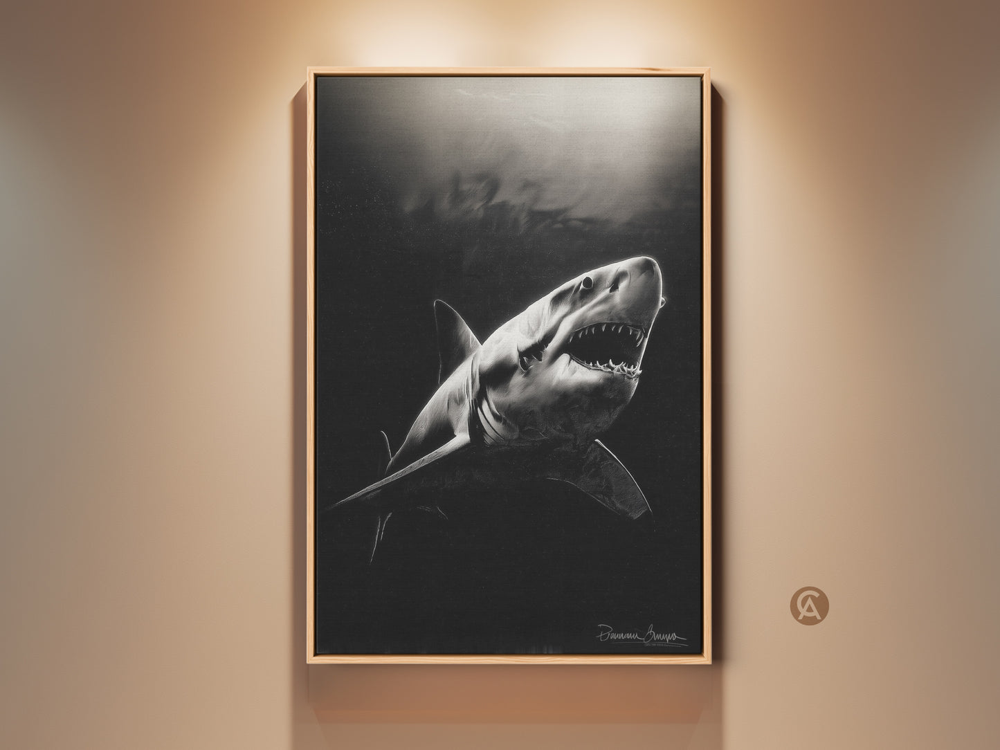 Monochrome Great White Shark canvas art is on display. The photorealistic underwater animal artwork enhances a living space. This ocean wildlife print adds a dramatic touch to a modern home decor. The powerful animal art print captures the shark's raw beauty.