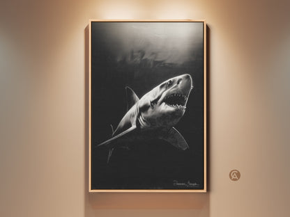 Monochrome Great White Shark canvas art is on display. The photorealistic underwater animal artwork enhances a living space. This ocean wildlife print adds a dramatic touch to a modern home decor. The powerful animal art print captures the shark's raw beauty.