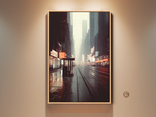 Urban night street art print on canvas. This cityscape wall art showcases tram tracks and neon signs. Its muted grey blue and yellow tones add an industrial touch. Perfect housewarming gift for modern industrial decor.