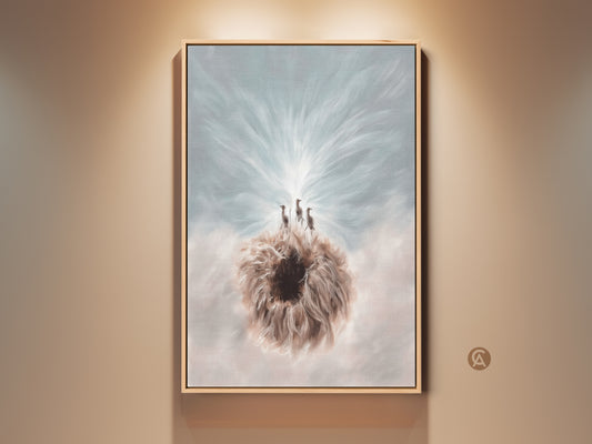 View the Surreal Meerkat & Dandelion Canvas art in a natural wood floating frame. This boho fantasy animal wall decor features a blue and white nature print. Perfect unique wall hanging or housewarming gift.