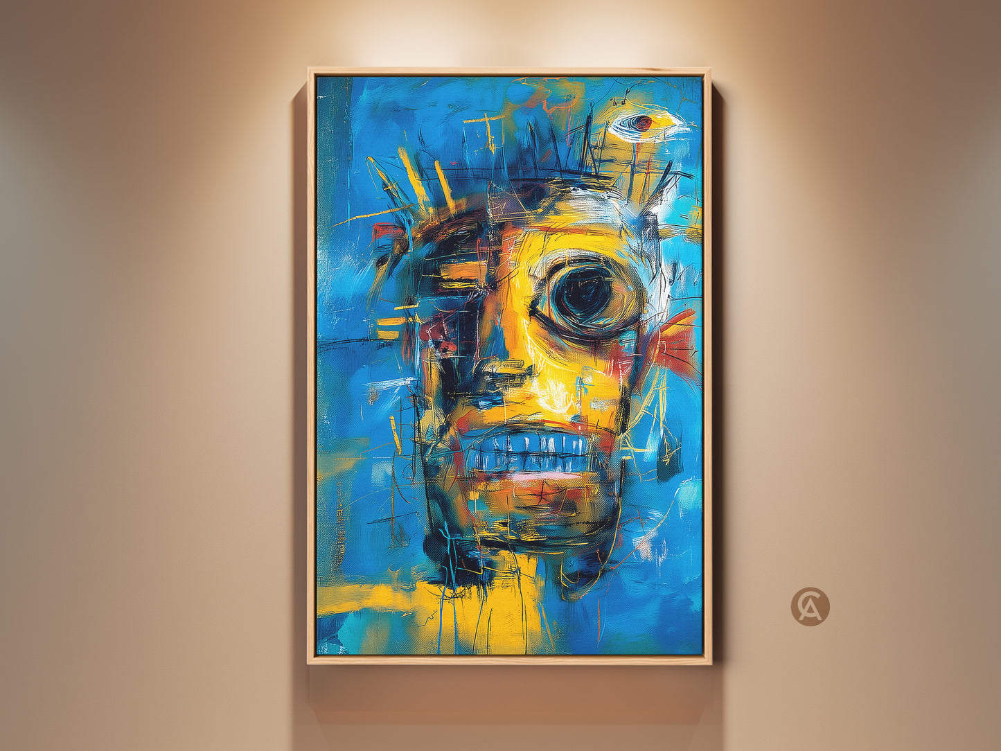 Framed abstract face artwork with a blend of blue and yellow tones. This striking piece is framed in natural wood ready to hang. It adds a modern touch to any wall art collection.