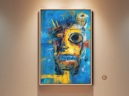 Framed abstract face artwork with a blend of blue and yellow tones. This striking piece is framed in natural wood ready to hang. It adds a modern touch to any wall art collection.