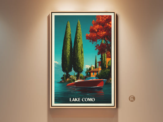 Vintage Lake Como art print shows a retro Italian speedboat poster. The deep blue and emerald green landscape wall decor brings a contemporary travel art feel. The artwork is framed and ready to hang.