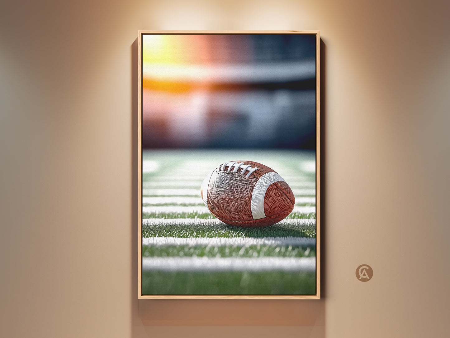 Realistic American football art print. The brown football is the main focus. It sits on a stadium field under bright lights. This modern artwork is perfect for a man cave or sports fan's home office. A great gift for football lovers and sports enthusiasts.