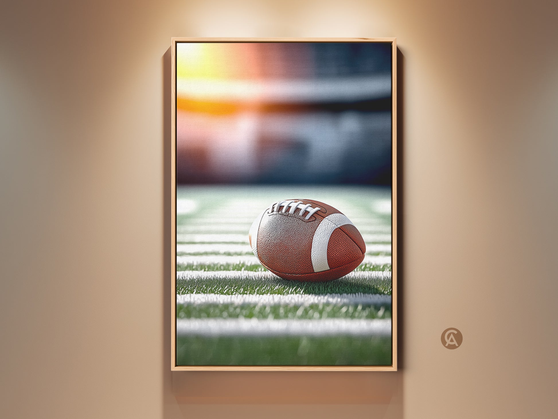 Realistic American football art print. The brown football is the main focus. It sits on a stadium field under bright lights. This modern artwork is perfect for a man cave or sports fan's home office. A great gift for football lovers and sports enthusiasts.