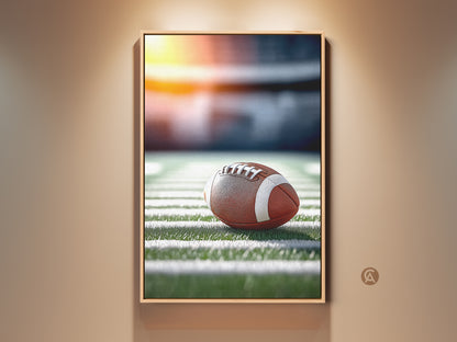 Realistic American football art print. The brown football is the main focus. It sits on a stadium field under bright lights. This modern artwork is perfect for a man cave or sports fan's home office. A great gift for football lovers and sports enthusiasts.