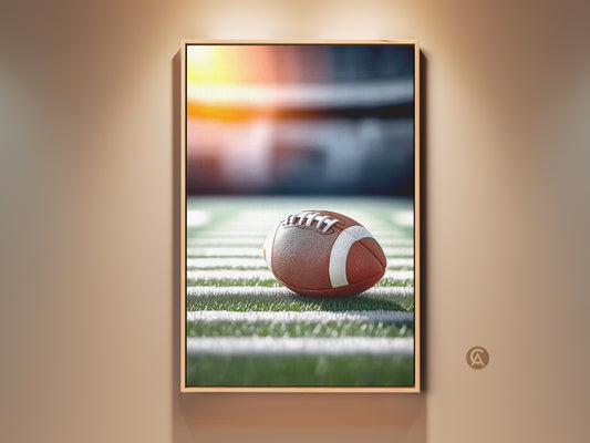 Realistic American football art print. The brown football is the main focus. It sits on a stadium field under bright lights. This modern artwork is perfect for a man cave or sports fan's home office. A great gift for football lovers and sports enthusiasts.