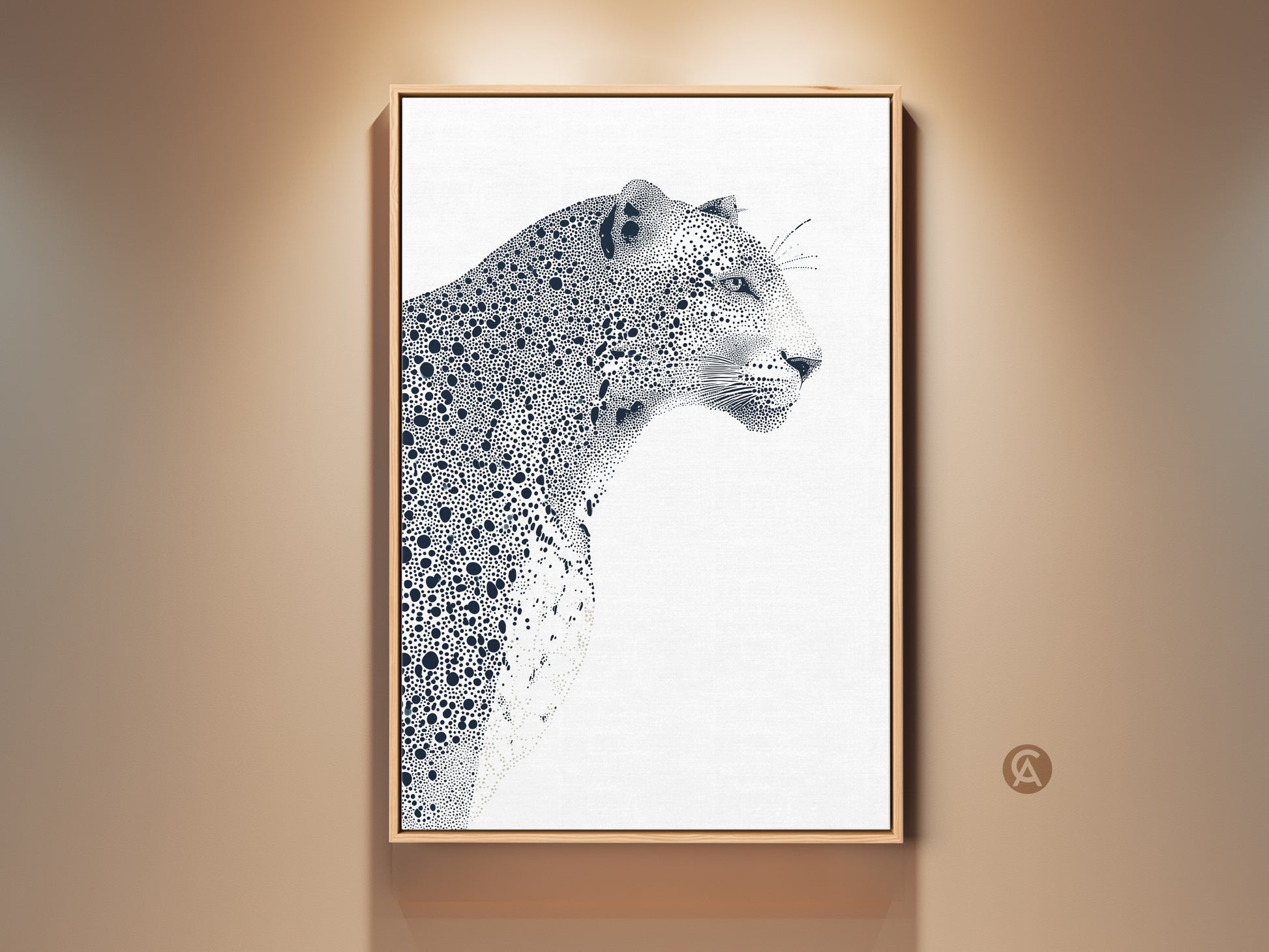 Framed fine art print of a leopard. This wall decor piece features a detailed stippling style. The black and white artwork is displayed in a oak wood frame. It adds a touch of modern wildlife charm to any living space.