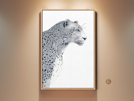 Framed fine art print of a leopard. This wall decor piece features a detailed stippling style. The black and white artwork is displayed in a oak wood frame. It adds a touch of modern wildlife charm to any living space.