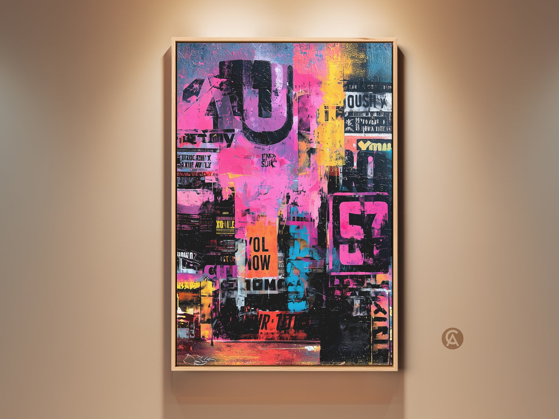 Abstract art on canvas. A vibrant collage of colors and urban typography. The artwork features pink yellow and blue hues. Bold numbers and letter fragments create a dynamic visual texture. Enhance your space with this modern art piece.