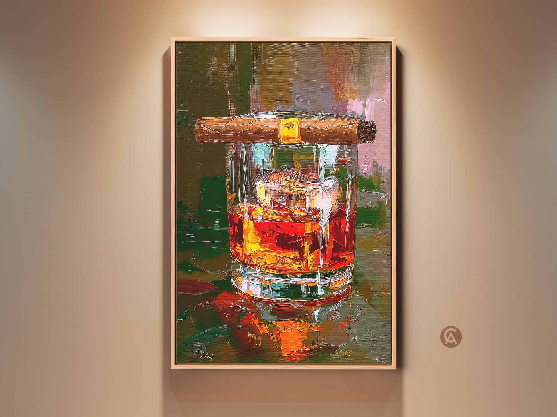 Amber orange whiskey and cigar art print for bar decor. This canvas artwork adds a sophisticated touch to a man cave. It features an amber-hued whiskey glass. A cigar sits on top of the glass making it a perfect lifestyle artwork for home bar decoration. It's an ideal gift for whiskey lovers.
