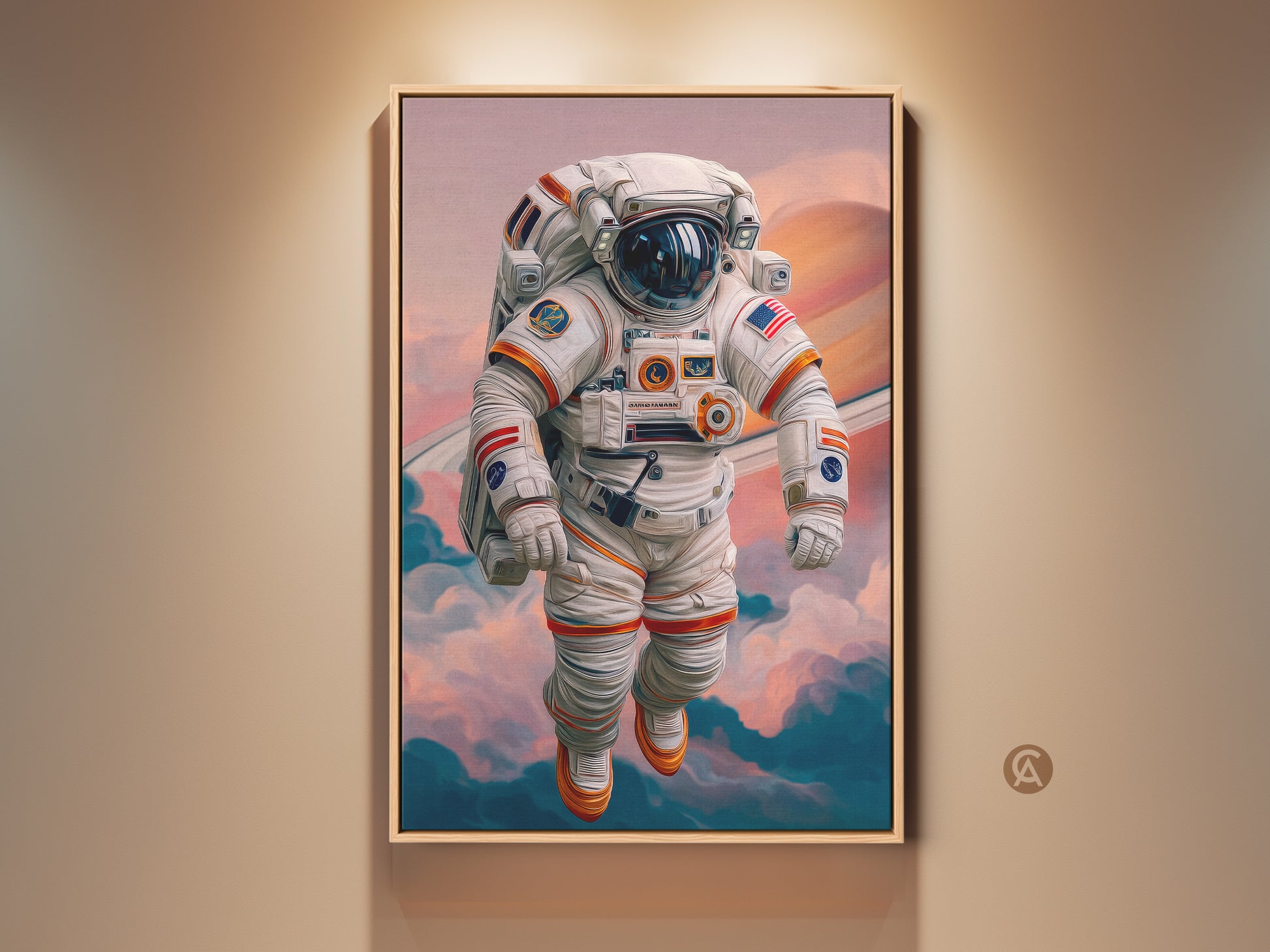 Astronaut Canvas Art adds cosmic wonder to any space. This sci-fi space wall print features an astronaut floating among swirling clouds with Saturn rings. A contemporary digital painting style offers a modern aesthetic with teal and orange accents. Its a great gift for space enthusiasts and perfect wall decor.