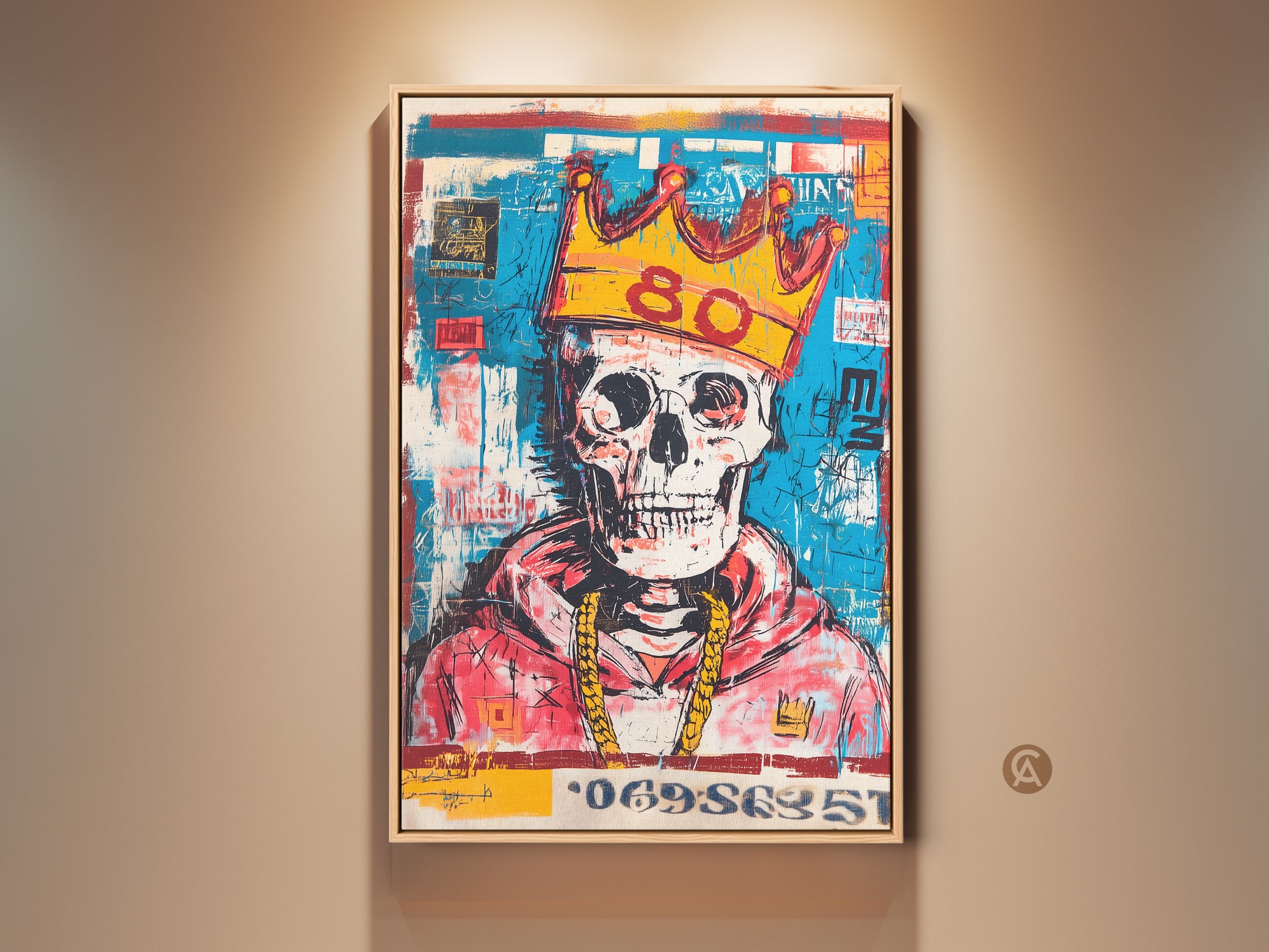 Framed artwork featuring a skull with a gold crown and gold chain. The art style is contemporary with bold colors. The artwork is displayed in a wooden frame. Perfect wall decor to add an edgy touch.