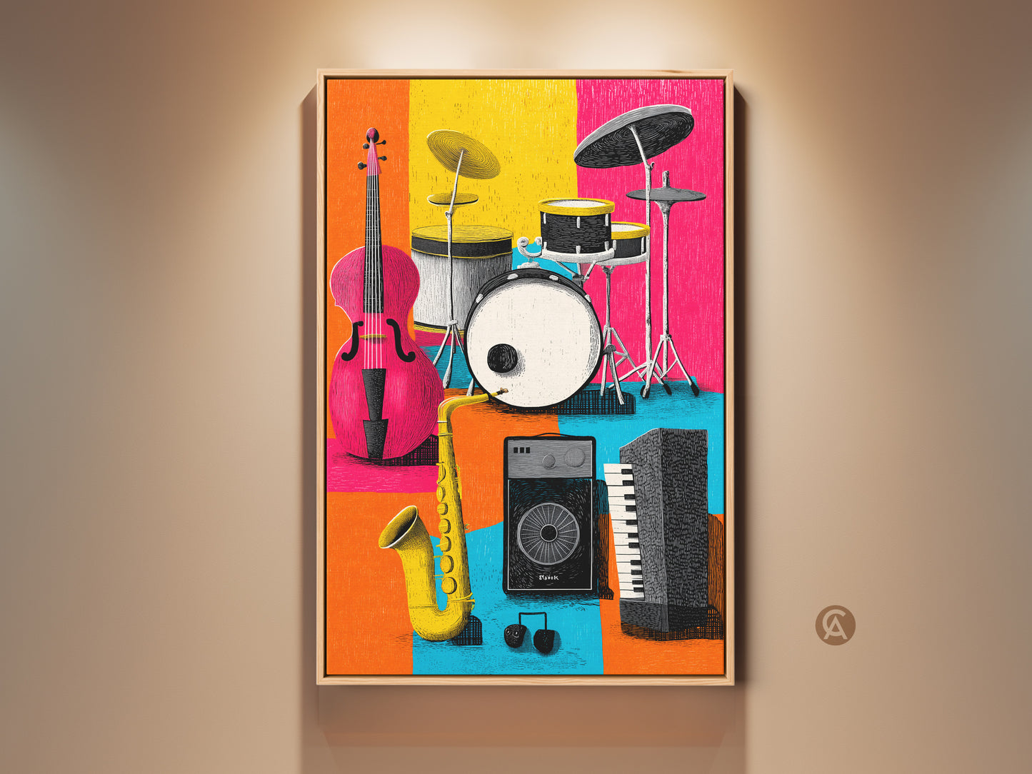 Framed musical instrument art print. This vibrant artwork features a cello drum set saxophone keyboard and speaker. The colorful blocks add a modern touch to this musical masterpiece. Perfect for music lovers. This artwork is ready to hang.