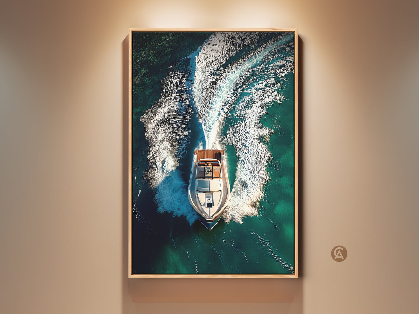 Deep teal ocean speedboat art print in a modern frame. The aerial view captures a luxury speedboat creating a dynamic white wake. This contemporary nautical artwork enhances any modern home or office decor. A perfect gift for boat lovers seeking elite coastal wall art.