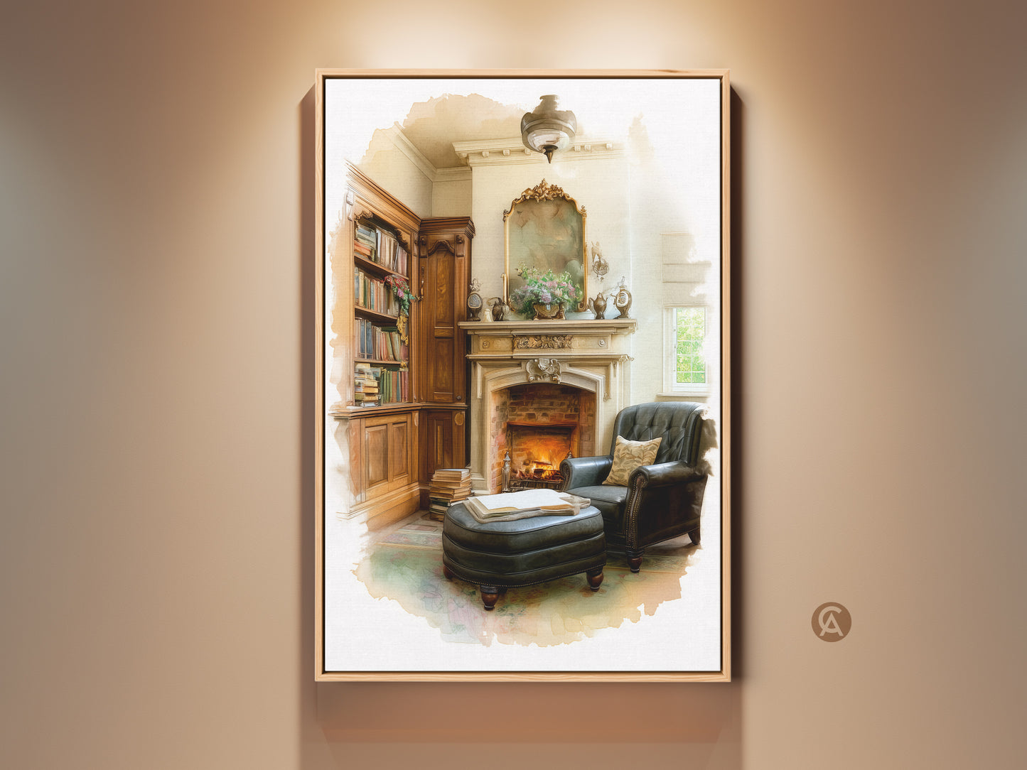 Classic study wall art showcasing a cozy library print. The art features a fireplace and traditional armchair. A book lover's housewarming gift idea. Warm tones of brown and cream enhance this timeless interior painting. Perfect for creating a sophisticated living room ambiance. This traditional decor adds an elegant touch to any home.
