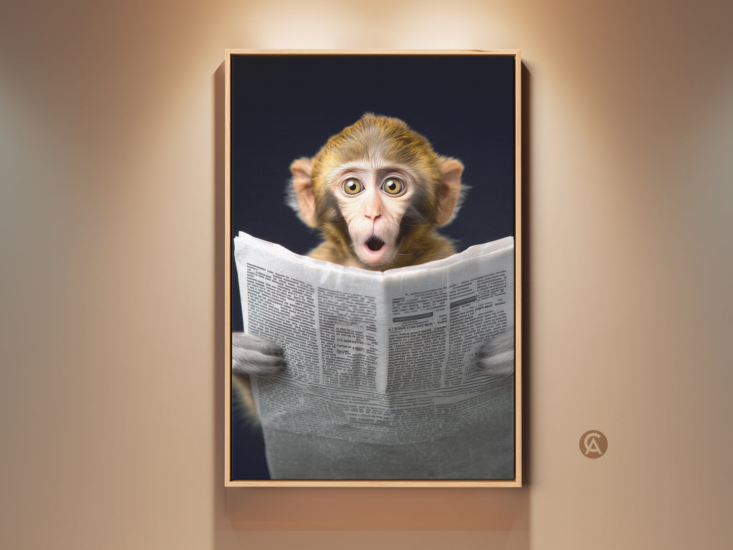 A photorealistic monkey art print is displayed in a warm-toned setting. The funny animal is engrossed in reading a newspaper. This eclectic wall decor print adds humor to study and office spaces. It makes a great gift for animal lovers. The brown yellow and gray tones create an intriguing palette. This unique wall hanging is a perfect conversation starter.