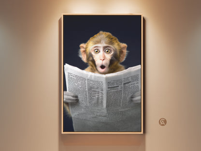 A photorealistic monkey art print is displayed in a warm-toned setting. The funny animal is engrossed in reading a newspaper. This eclectic wall decor print adds humor to study and office spaces. It makes a great gift for animal lovers. The brown yellow and gray tones create an intriguing palette. This unique wall hanging is a perfect conversation starter.