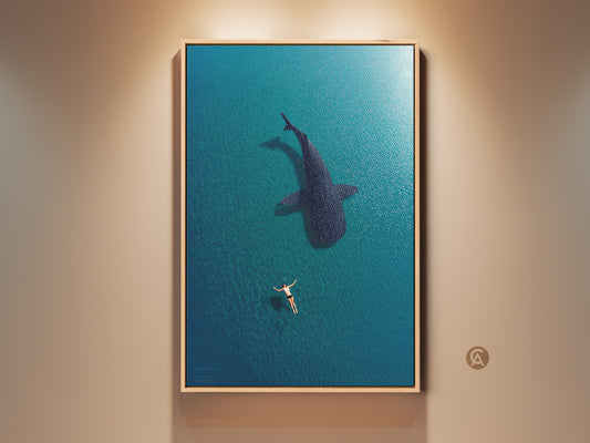 Framed ocean wall art featuring a swimmer and whale shark. This coastal artwork brings a serene deep blue turquoise scene to any room. Perfect nautical decor for ocean lovers. The aerial perspective adds a unique touch to this marine wildlife canvas art.