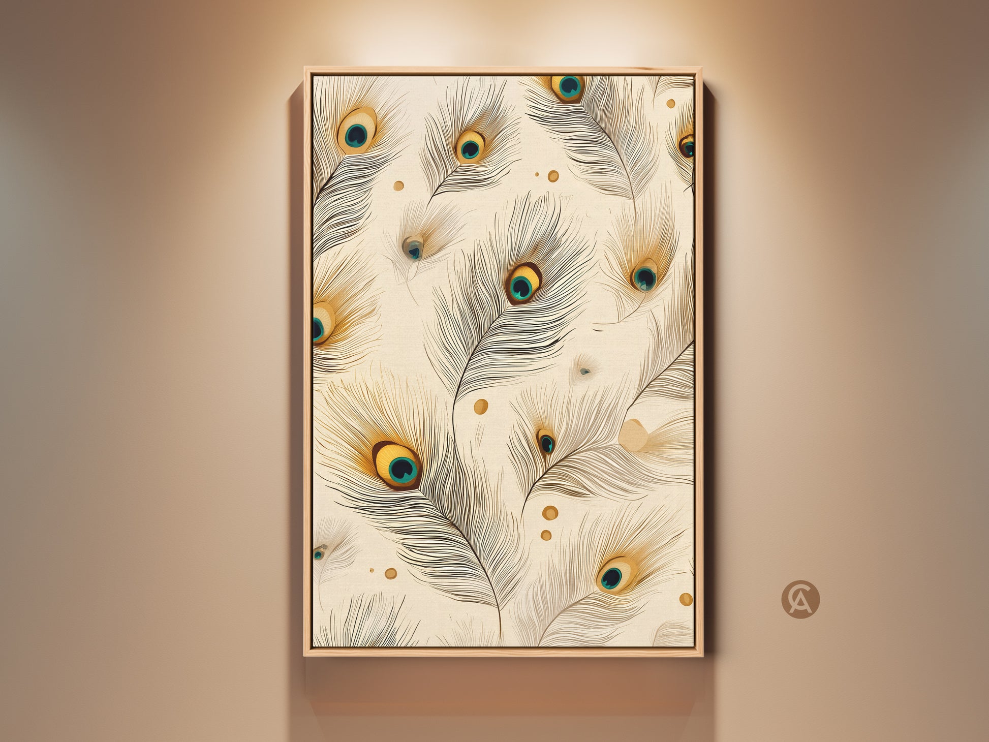 Framed peacock feather artwork in a cream and teal color scheme. Boho abstract wall art adds elegance to any space. This nature gift idea brings an art nouveau charm to your home decor. Gold accents enhance the feather eye pattern in this bohemian bedroom art.