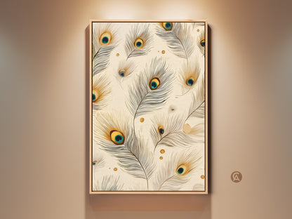 Framed peacock feather artwork in a cream and teal color scheme. Boho abstract wall art adds elegance to any space. This nature gift idea brings an art nouveau charm to your home decor. Gold accents enhance the feather eye pattern in this bohemian bedroom art.
