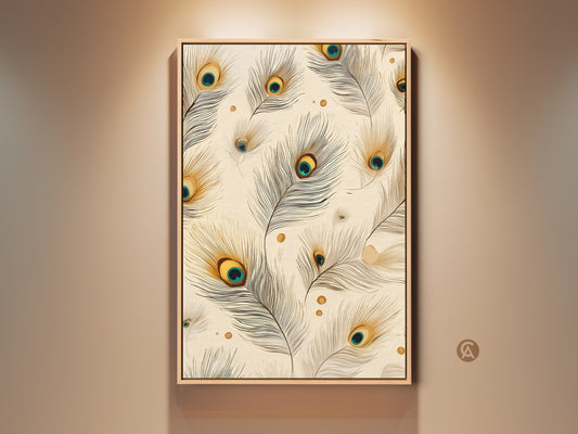 Framed peacock feather artwork in a cream and teal color scheme. Boho abstract wall art adds elegance to any space. This nature gift idea brings an art nouveau charm to your home decor. Gold accents enhance the feather eye pattern in this bohemian bedroom art.