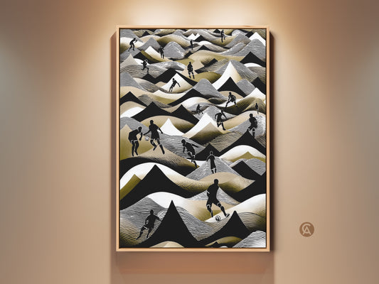 This framed canvas features an Abstract Football Player artwork. It shows a modern soccer scene in black white and gold. This wall art is ideal for office decor. The print adds a contemporary sports touch to any room. It's a unique soccer fan gift.