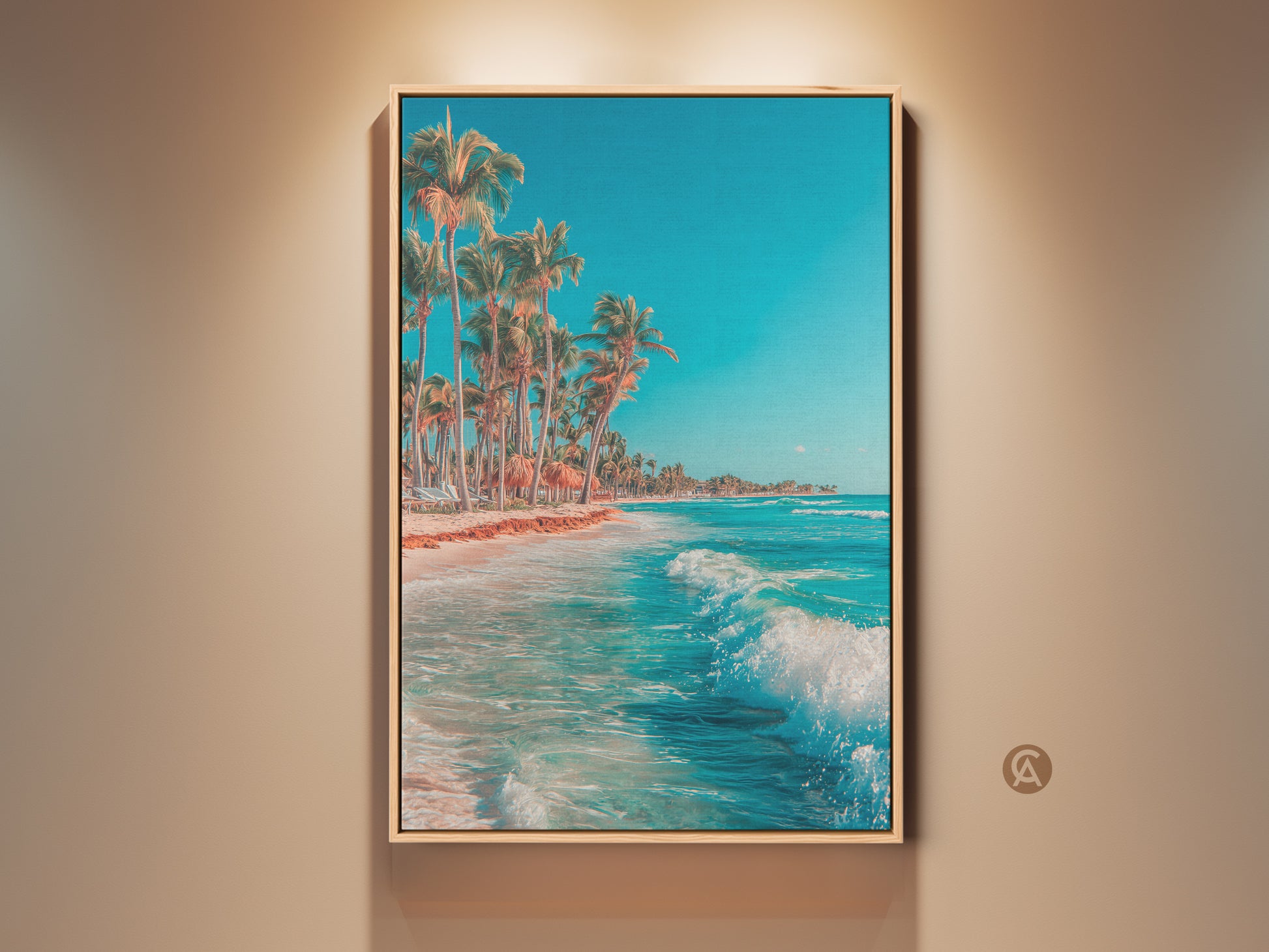 Framed beach art print. Ocean wave rolls to shore. Palm trees line the coast on a sunny day. This framed canvas adds tropical beauty to any room. Ready to hang wall art.