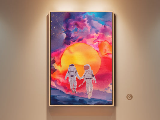 Framed space couple art print. Astronauts float holding hands a cosmic watercolor sunset galaxy. A romantic gift for sci-fi fans. The pink purple orange art would look great in a modern bedroom. This is a unique wedding anniversary gift.