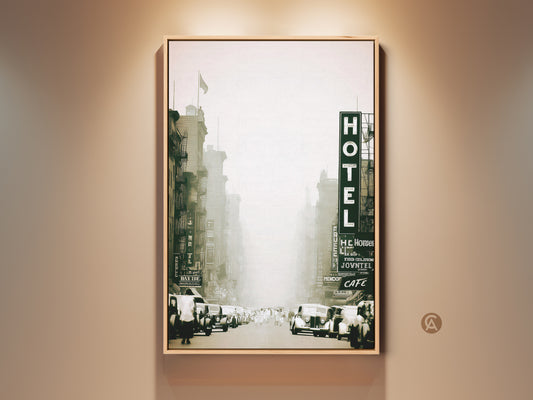 Capture vintage charm with this sepia cityscape canvas. The artwork features a retro hotel street scene perfect for industrial loft decor. This canvas print adds historical depth to any room. Ideal as a travel gift or for adding a touch of 1920s style to your decor.