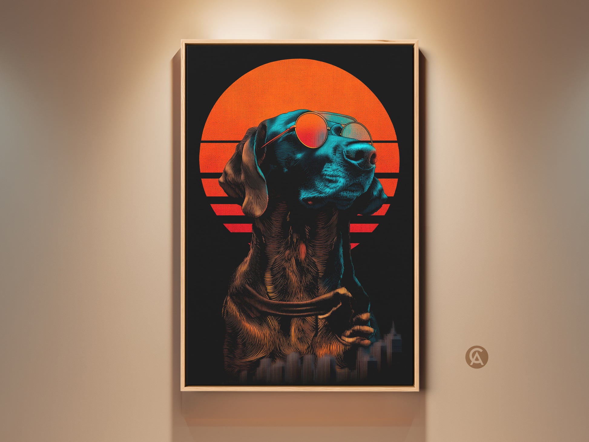 Eclectic Dog art print against a beige wall. This synthwave dog wears sunglasses. It features a retro futuristic cityscape with a vibrant orange sunset. Perfect modern animal artwork for dog lovers or cool office decor.
