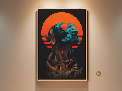 Eclectic Dog art print against a beige wall. This synthwave dog wears sunglasses. It features a retro futuristic cityscape with a vibrant orange sunset. Perfect modern animal artwork for dog lovers or cool office decor.