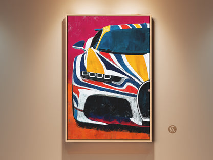 Modern abstract automotive art print in a frame. The supercar artwork uses yellow blue and red colors. This contemporary canvas enhances a garage man cave or office decor. A unique gift idea for car enthusiasts.