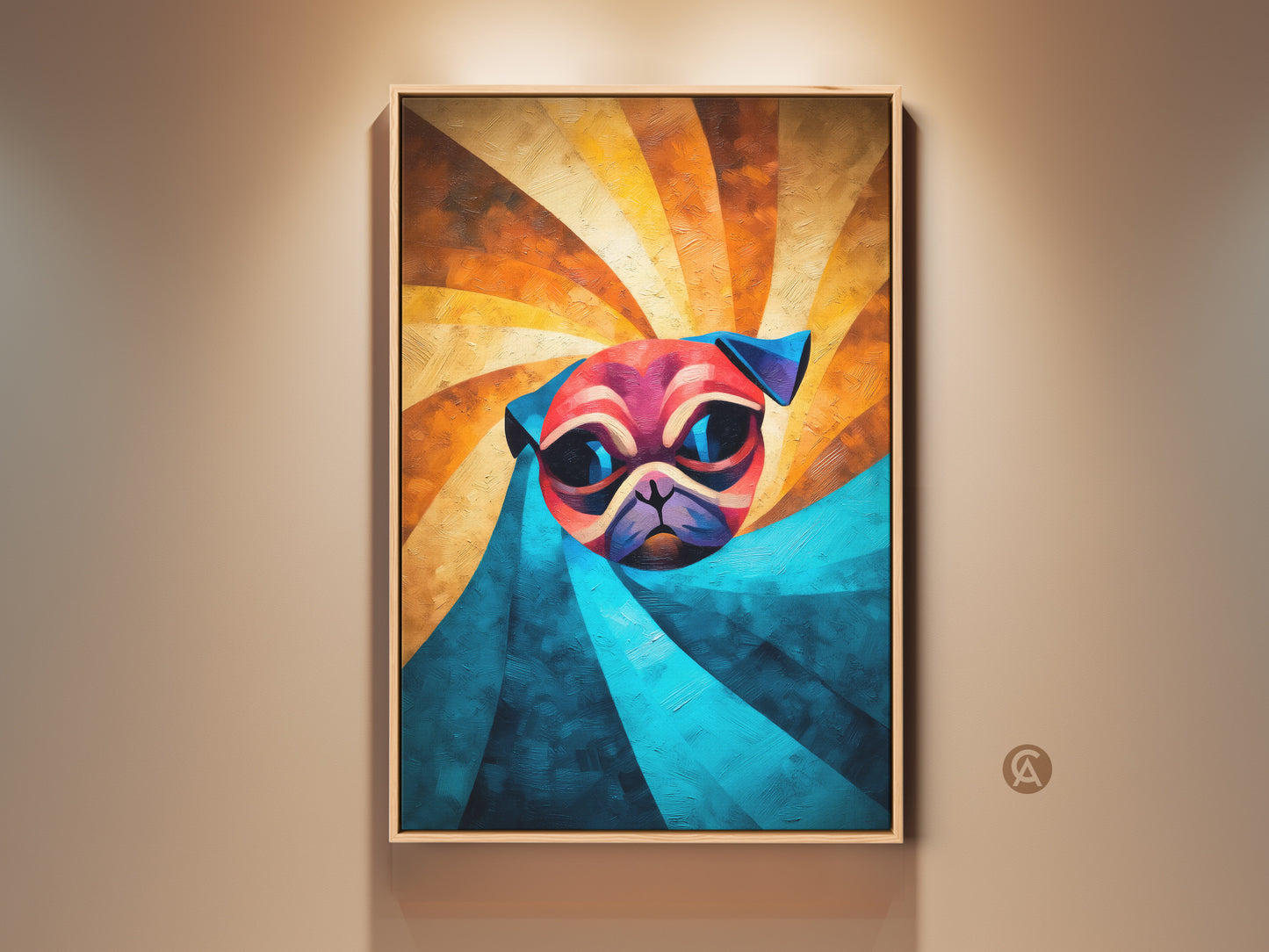 Abstract Geometric Pug Print. This canvas wall artwork showcases a modern eclectic dog decor. The orange and teal color palette makes it a unique gift for pet lovers. It will add a vibrant touch to any room with this artistic pug painting.