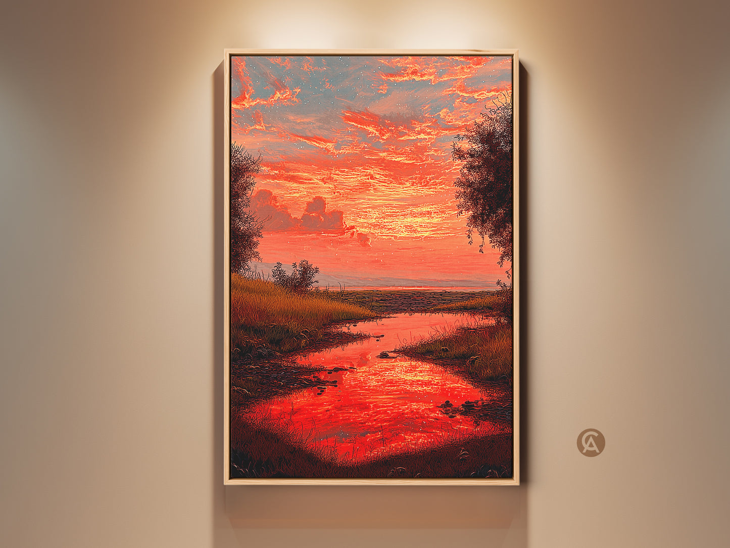 Framed landscape canvas print featuring a vibrant red sunset over a river. This impressionist nature scenery brings an eclectic touch to any bedroom wall. A perfect housewarming gift for nature lovers. The artwork captures the beauty of trees and water in a residential setting.