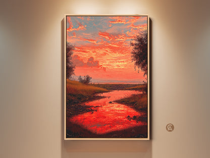 Framed landscape canvas print featuring a vibrant red sunset over a river. This impressionist nature scenery brings an eclectic touch to any bedroom wall. A perfect housewarming gift for nature lovers. The artwork captures the beauty of trees and water in a residential setting.