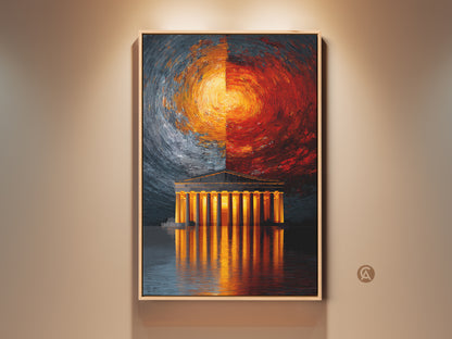 Contemporary art print featuring an abstract Greek temple. The orange yellow temple radiates against a swirling blue and grey backdrop. It's a striking housewarming gift idea. The artwork creates a sophisticated focal point as modern office decor. An abstract energy canvas with architectural art elements.