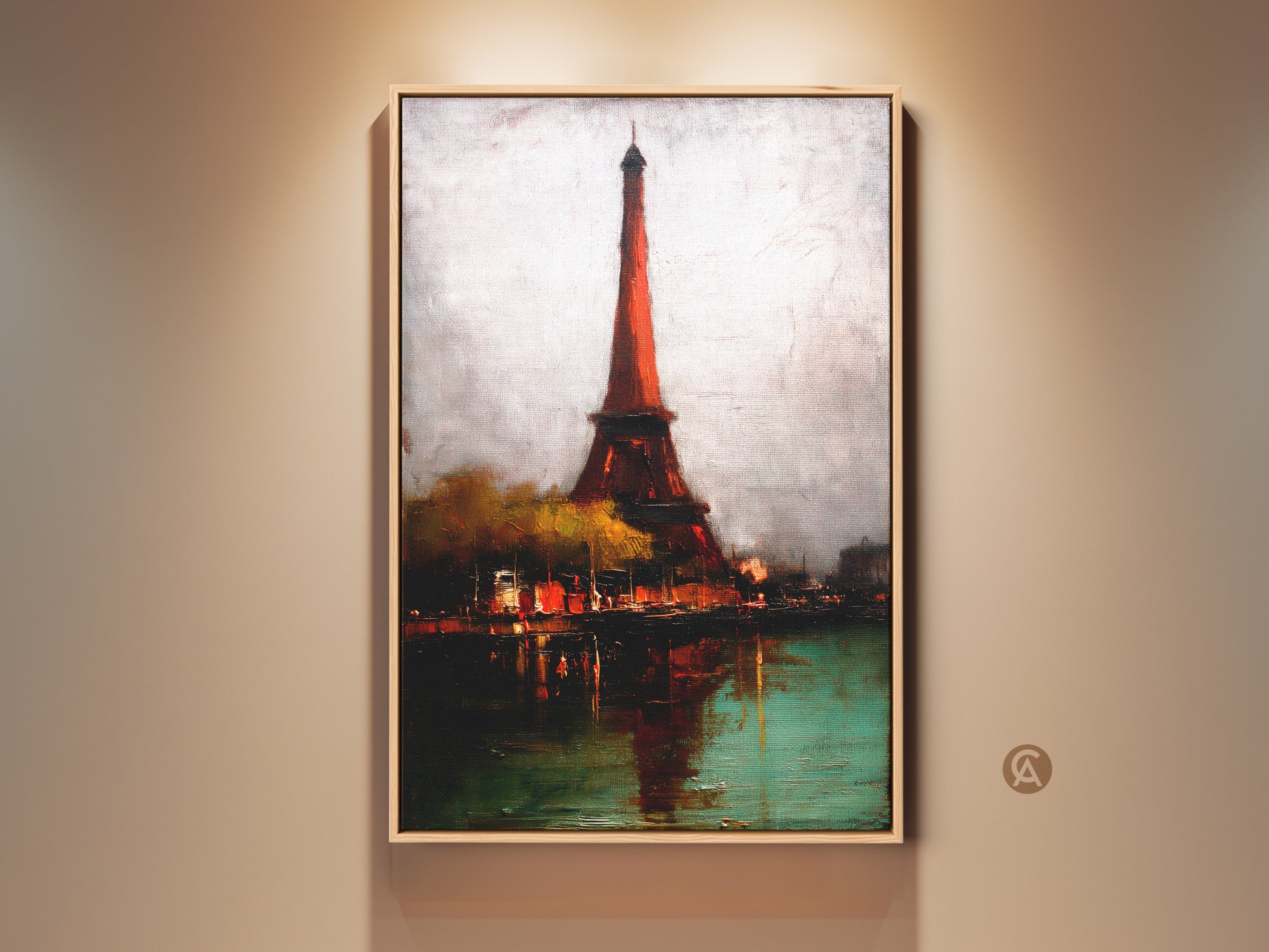 Painterly Eiffel Tower art in an Impressionist style. This Parisian cityscape canvas wall art uses an orange red and teal color palette. A sophisticated art print for any room decor.