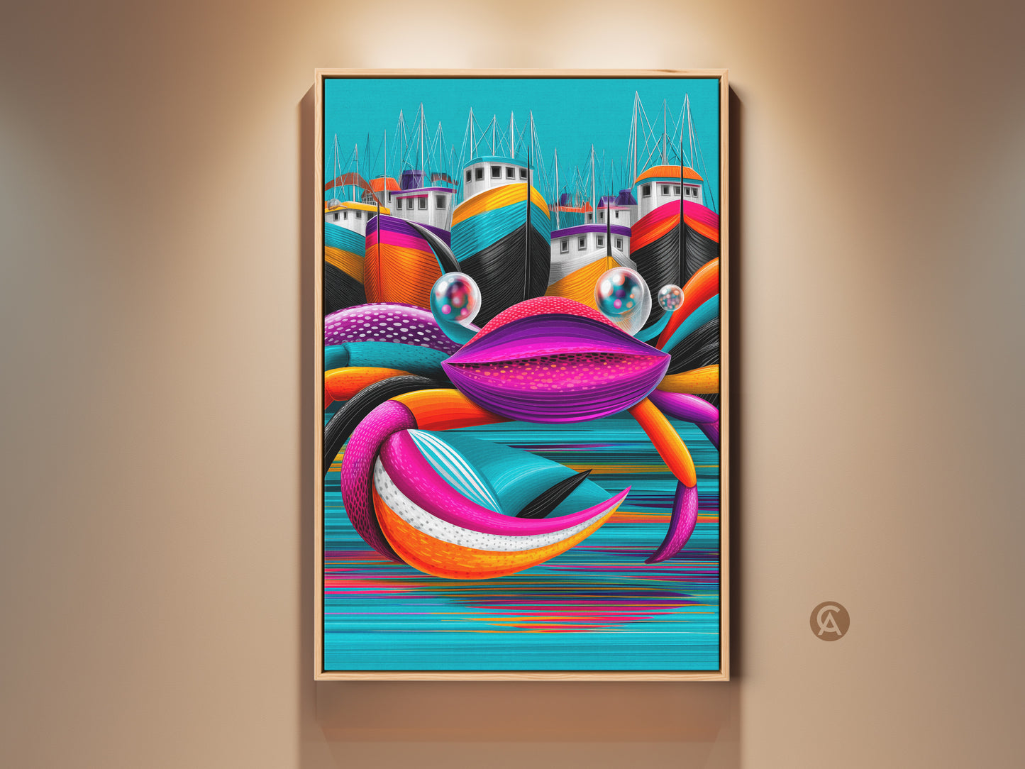 Framed Pop Art crab canvas art print. Yachts are in the background. Eclectic coastal wall art for living room or hallway. Aqua orange teal art. A unique housewarming gift art for beach lovers.
