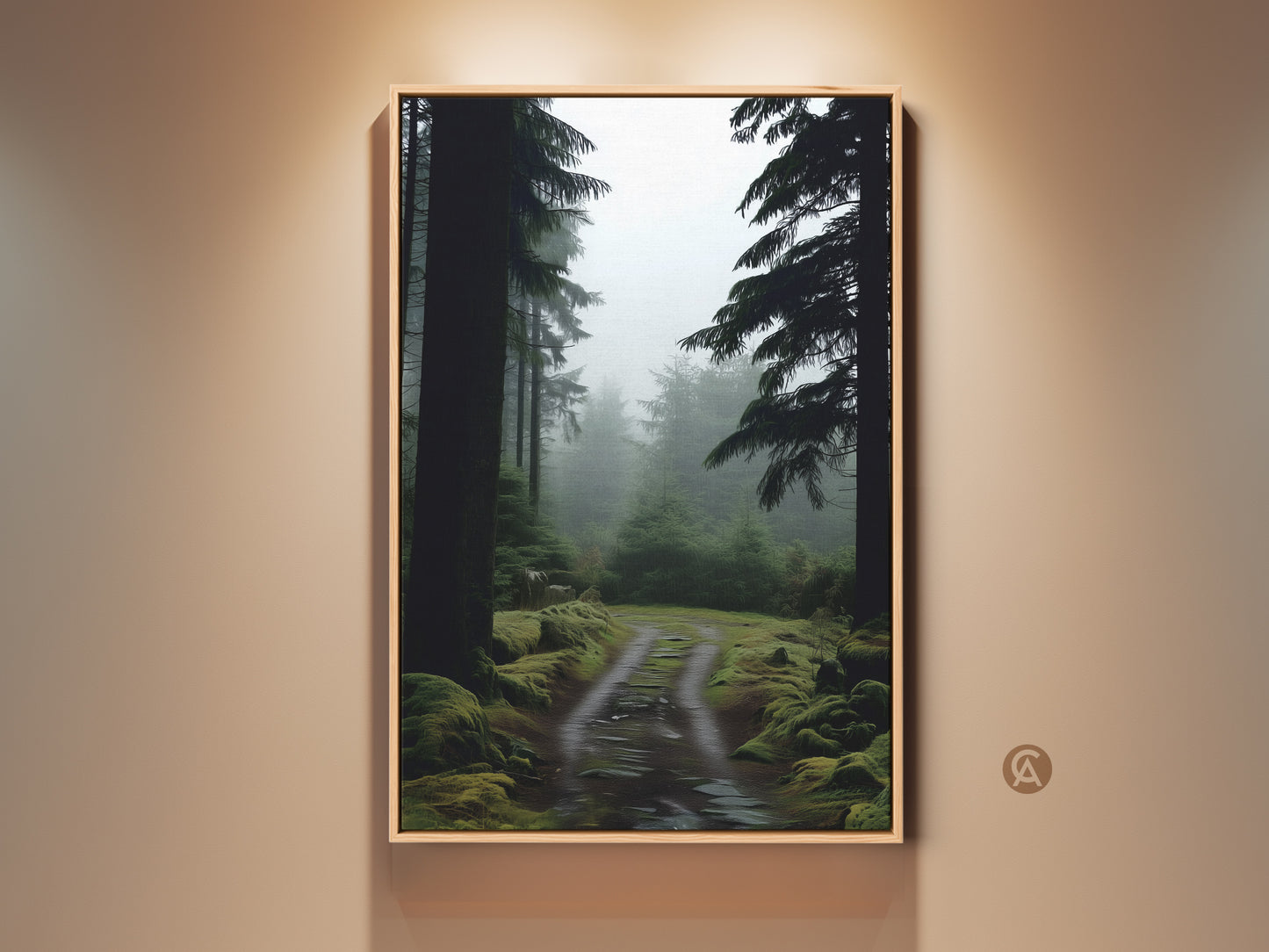 Rustic misty forest path art print framed in oak. Deep green pine trees line the canvas. Ideal nature landscape decor for hikers and outdoor lovers. The serene artwork brings a tranquil vibe to any space.